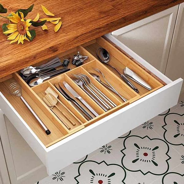 7 Grid Bamboo Cutlery Rack With Drawer Divider Storage Kitchen Utensils